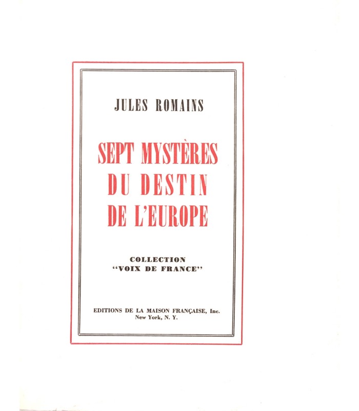 ROMAINS (Jules). Sept mystères du destin de l'Europe. Edition originale