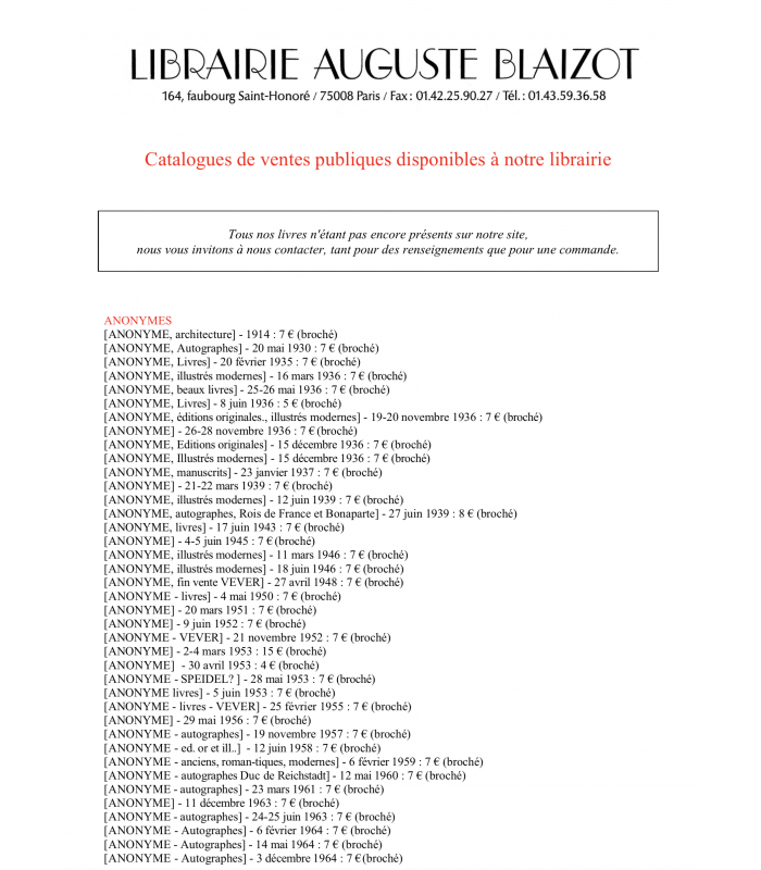 Catalogues des ventes publiques en vente