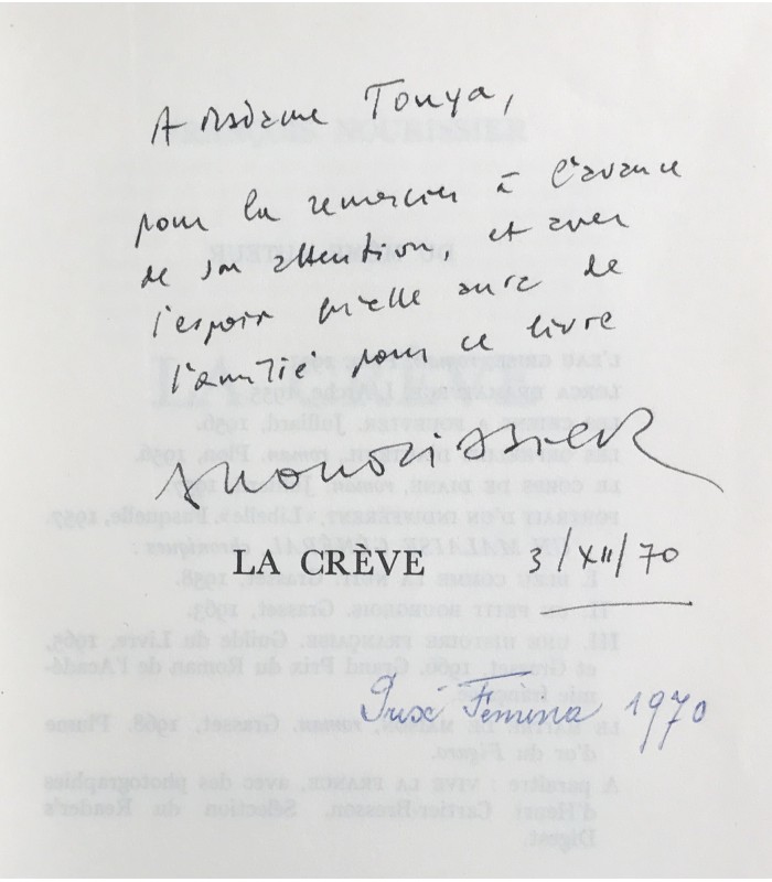 NOURISSIER (François). La Crève. Roman. Edition originale de ce roman qui obtint le Prix Femina en 1970.