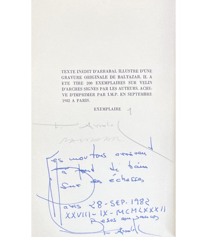 ARRABAL (Fernando). Les Moutons arrivent à fond de train sur des échasses. Edition originale. Gravure originale par J. Baltazar.