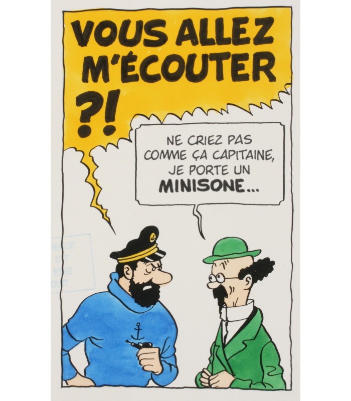 [TINTIN] STUDIOS. Dessin original, projet publicitaire des appareils auditifs Minisone de la société Starkey en 1984.