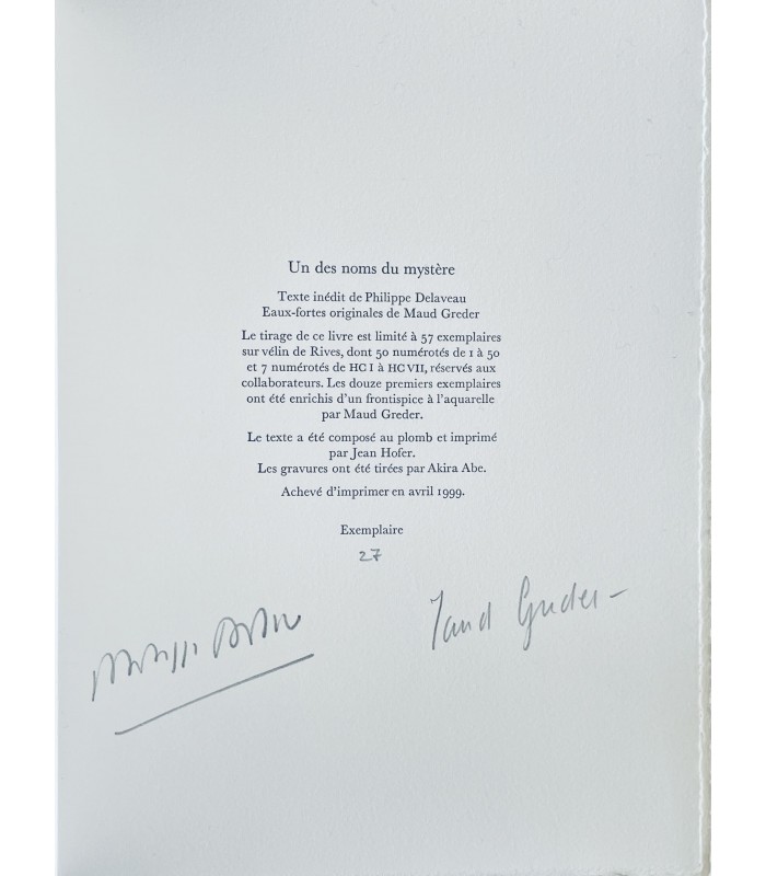 DELAVEAU (Philippe). Un des noms du mystère. Illustrations de Maud Greder. Reliure de Claude Honnelaître.